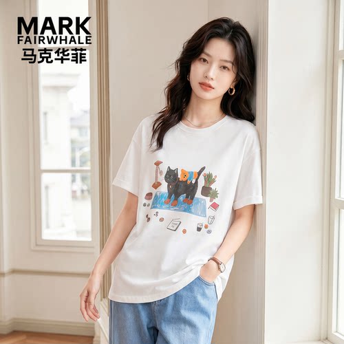 马克华菲女装纯棉通勤猫咪印花T恤女夏季短袖百搭上衣YB73112971