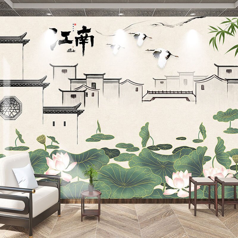 新中式江南水乡壁纸徽派建筑水墨荷花饭店餐厅背景墙纸火锅店壁画