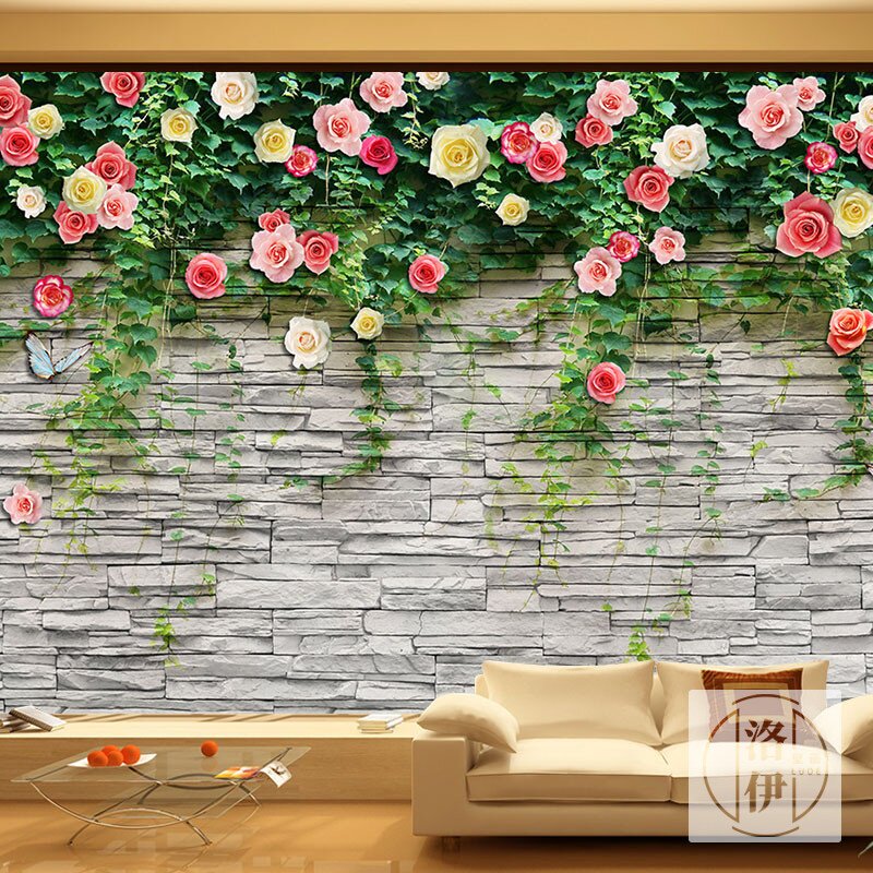 3d鲜花蔷薇花壁纸创意植物田园文化石花朵吧台美容院前台背景墙纸