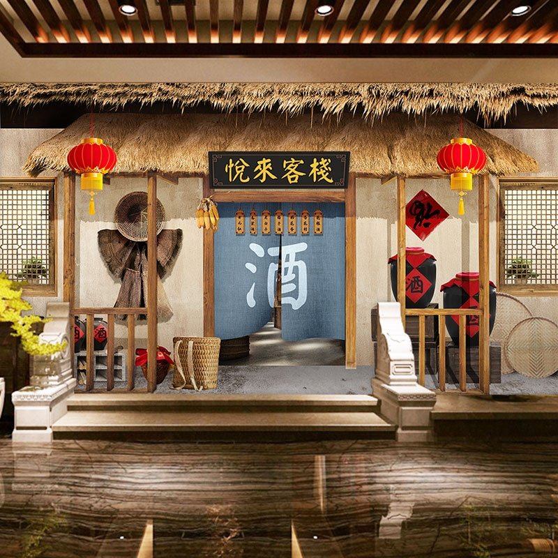 中式酒馆白酒文化壁纸酒坊酒庄酒窖墙纸仿古建筑火锅饭店装修壁画