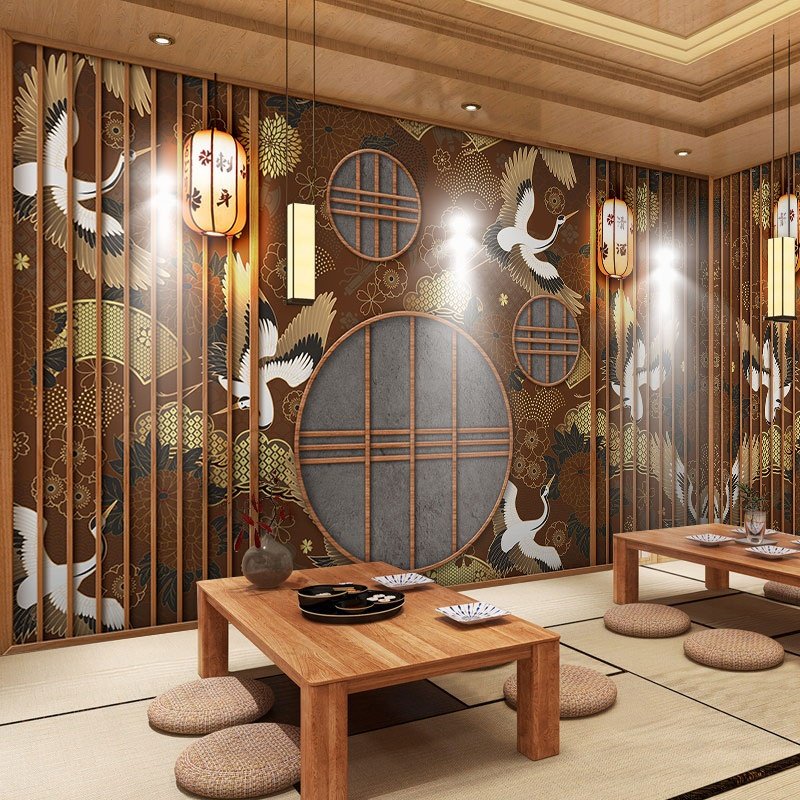 日式风格包厢设计装饰墙布日料店包间壁画寿司店和风直播背景墙布