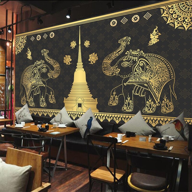 东南亚风情背景墙纸泰式风格装饰spa馆墙布大象壁画泰国餐厅壁纸