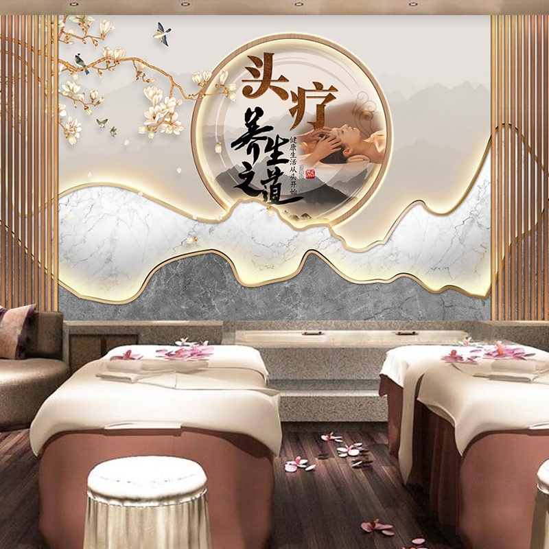 采耳店墙纸新中式装修养生馆前台中医吧台背景墙形象墙头疗店壁纸