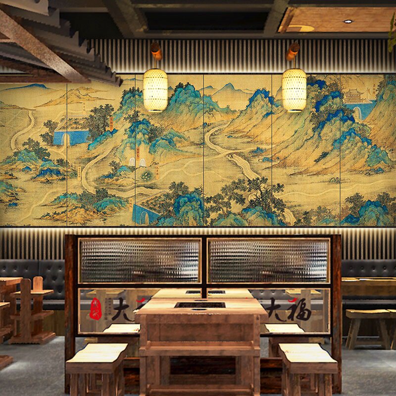千里江山图墙纸清明上河图南乡旧梦古代壁画中式仿古茶楼茶室壁纸