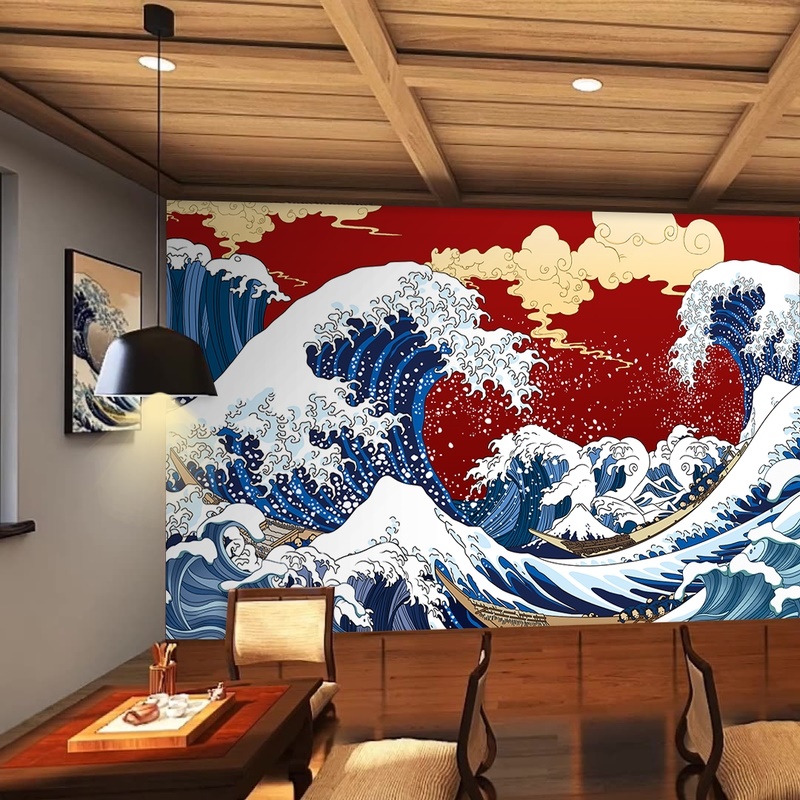 神奈川冲浪里壁纸日式海浪冲浪装饰壁画居酒屋寿司店日本餐厅墙纸