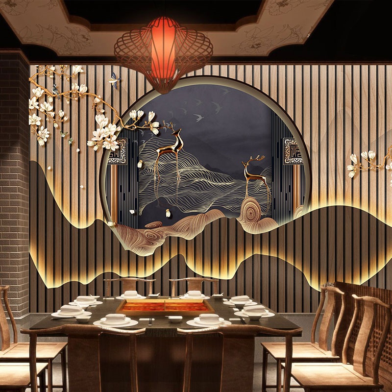 新中式风格墙布发光山形背景墙壁画影视墙花鸟墙纸茶室养生馆壁纸