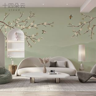 定制朦胧山水花鸟影视壁纸客厅书房壁布电视背景墙壁画2024年新款