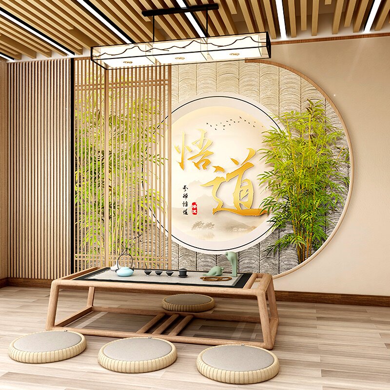 禅意中式直播间背景布茶叶店形象墙纸茶室包厢茶道竹子茶艺馆壁纸