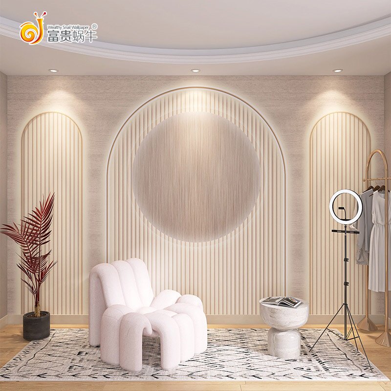 直播间背景墙布高级服装店轻奢美容院前台壁纸极简原木色木纹墙纸