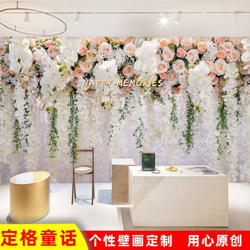蔷薇墙纸立体花婚礼酒店玫瑰花装饰婚纱店美容院网红背景墙布壁纸图片