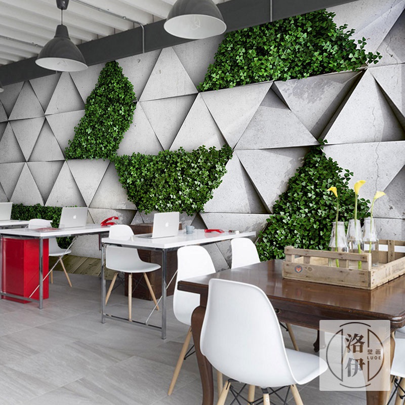 西餐厅绿植背景墙装饰3d立体壁纸音乐餐吧水吧奶茶店草坪植物墙纸