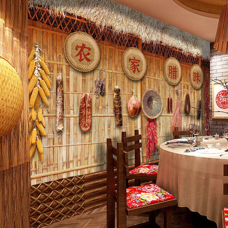 复古农家乐壁纸腊肠腊肉腊味土特产直播背景墙熏酱小酒馆餐厅墙纸