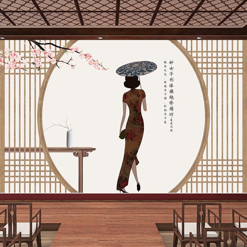 复古中国风装饰墙纸怀旧中式老照相馆壁纸旗袍女装直播间背景墙布