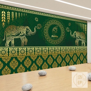 大象泰国风情墙布花纹瑜伽馆壁画壁纸 东南亚Style装 饰背景墙纸泰式