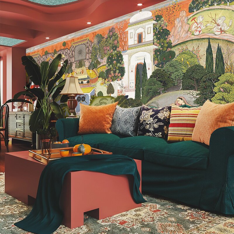 印度油画壁纸复古轻奢斋浦尔花园东南亚民宿卧室养生馆南洋风墙纸