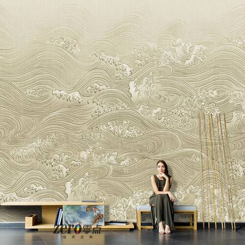 新中式沙发背景墙布轻奢海浪墙纸日式餐厅包厢壁布无缝定制壁画