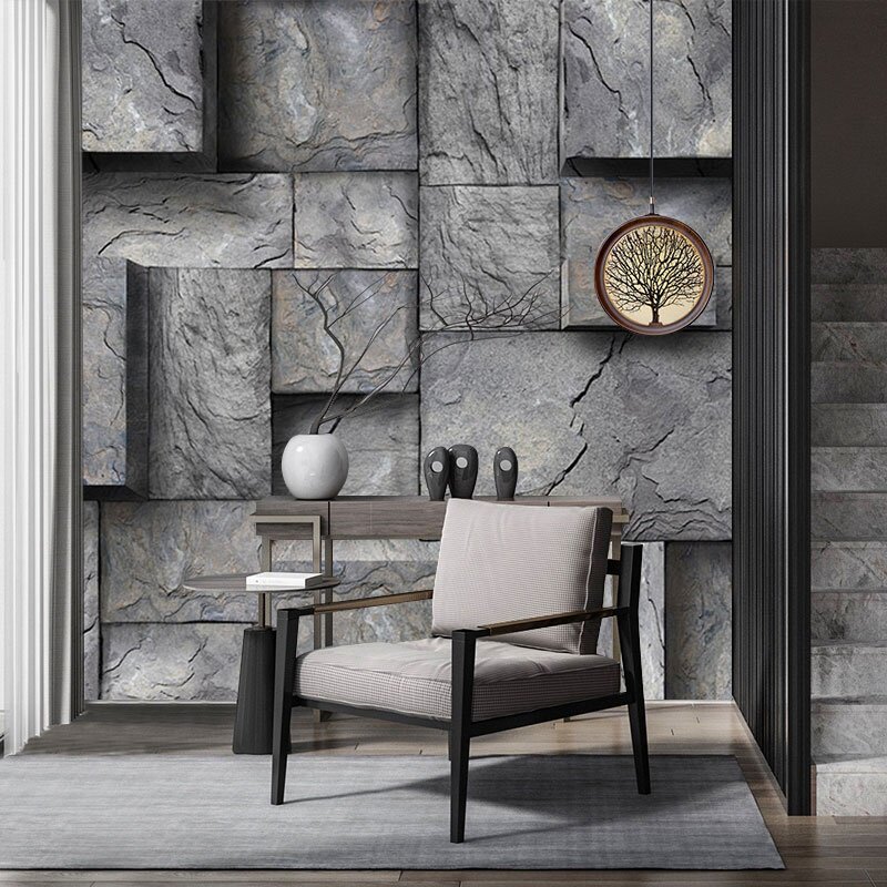 3d立体凹凸感墙纸设计师仿岩板岩石墙布工业风石材文化砖浮雕壁纸