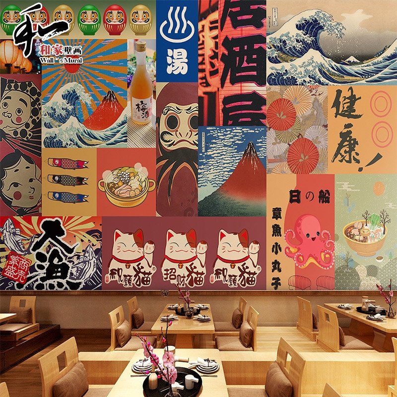 3d复古日式墙纸和风主题餐厅居酒屋寿司店日本料理店包间装饰壁纸