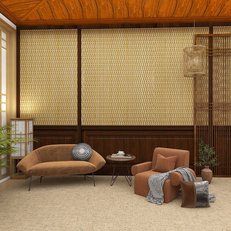 藤编草编剧本杀背景墙纸日式装修天花板装饰瑜伽房东南亚风格壁纸