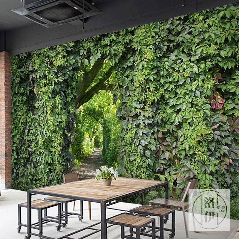 绿色植物壁纸奶茶饭店装饰大自然森林壁画空间延伸立体3d墙布墙纸图片