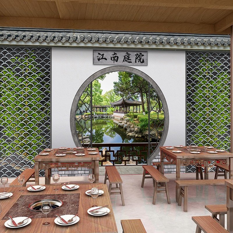 中式江南徽州庭院墙纸茶室茶舍徽派3d装饰壁画饭店火锅店装修壁纸