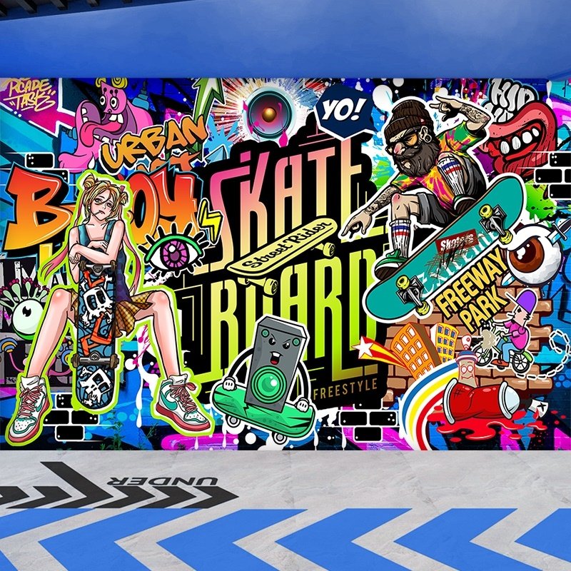 涂鸦滑板墙纸街头风嘻哈儿童溜冰场滑轮喷绘布少儿运动体能馆壁纸
