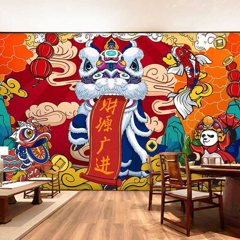 国潮风醒狮壁纸狮子鸿运当头生意兴隆壁画火锅饭店喜狮麻将馆墙纸