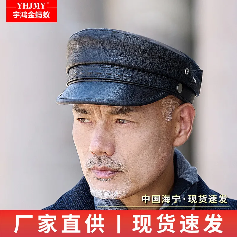 真皮帽子男士山羊皮平顶帽秋冬中老年爸爸帽户外薄休闲鸭舌帽