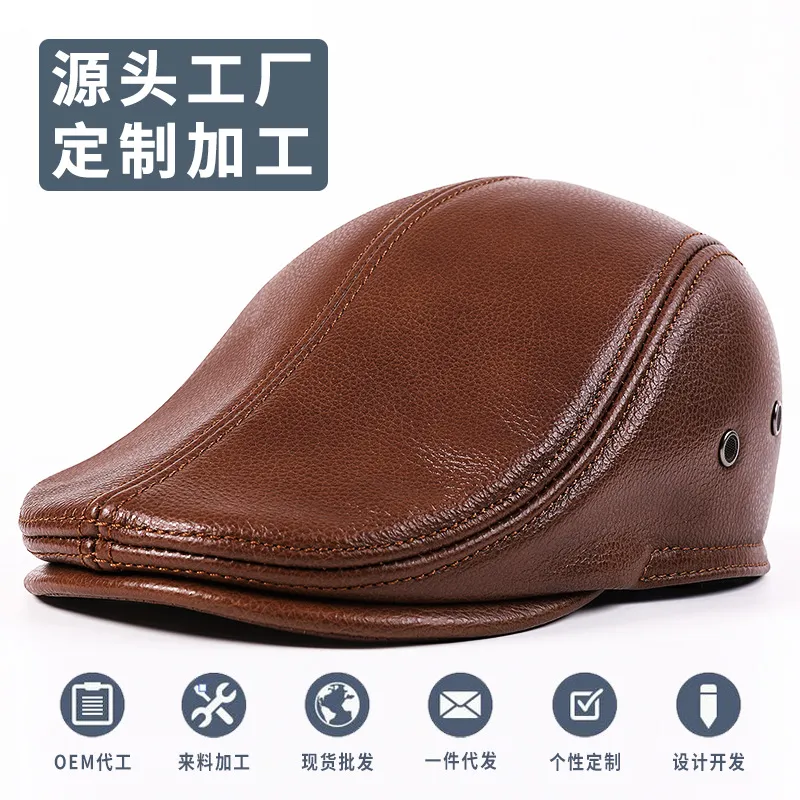 帽子秋冬季真牛皮帽棒球帽男刺绣鸭舌帽骑车防寒