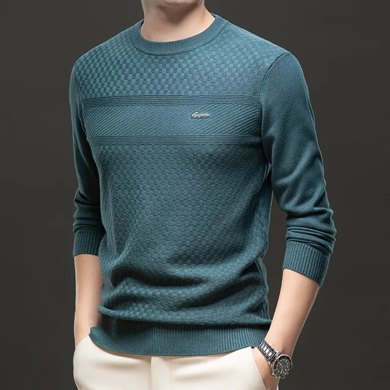 春秋男士毛衣高级感圆领套头印花长袖T恤针织衫休闲中年男装上衣