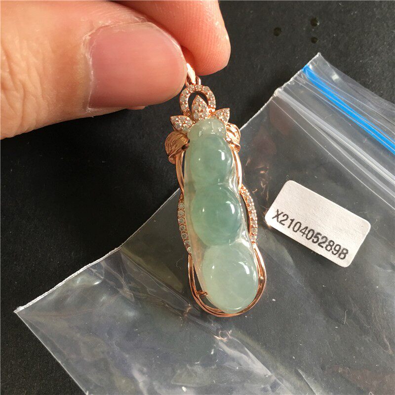 A货翡翠四季豆吊坠女糯冰种福豆挂件翡翠玉石豆子925纯银镀18K金