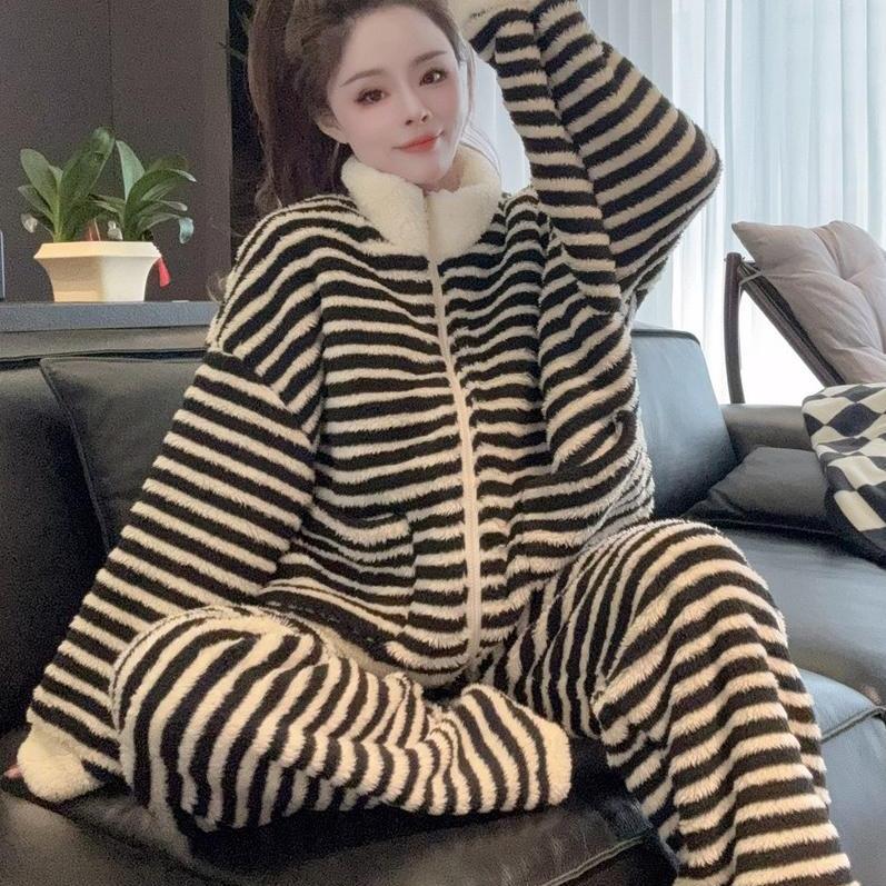 双面珊瑚绒加厚睡衣女两件套冬季2025新款宽松慵懒毛毛家居服套装