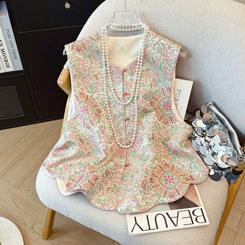 春秋季新中式国风宋锦提花马甲上衣女双面穿轻奢减龄圆领百搭马夹