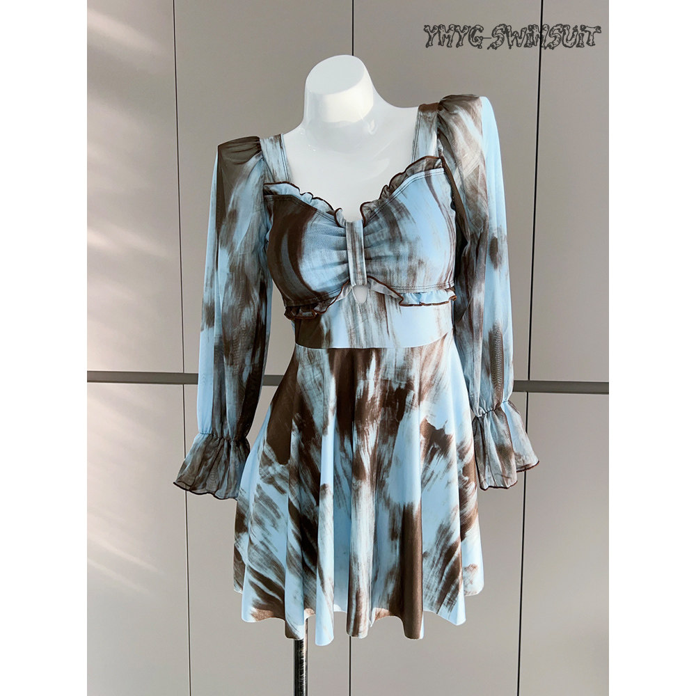 一米阳光绝美扎染高级感泳衣女连体高腰显瘦遮肚子大码泡温泉泳装