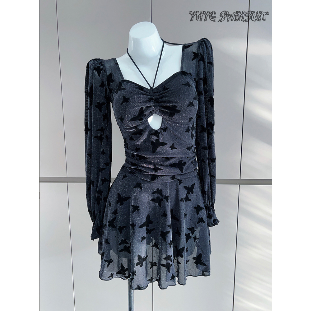 一米阳光性感蝴蝶泳衣女连体两件套保守遮肚高腰巨显瘦泡温泉泳装