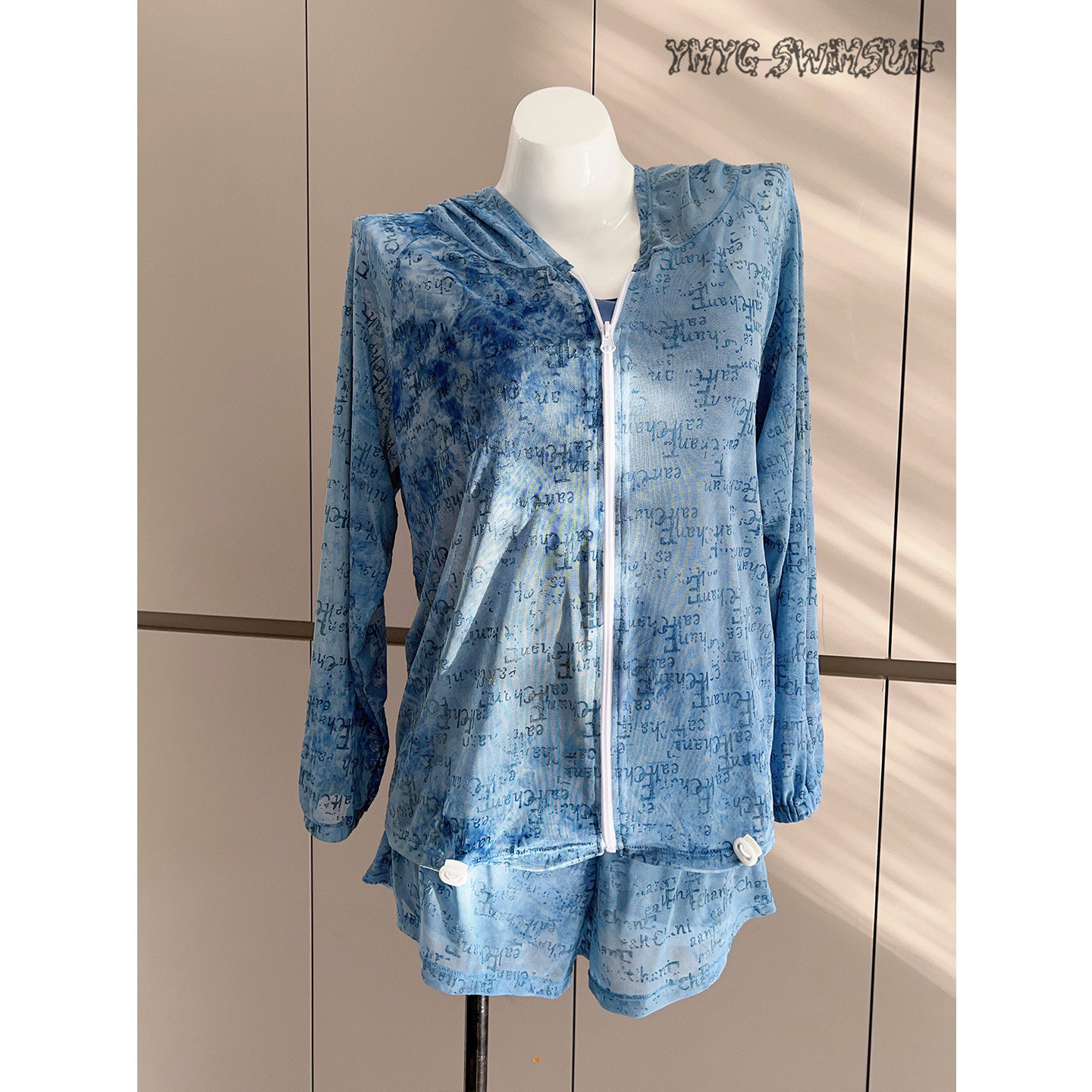 一米阳光牛仔蓝时尚分体三件套泳衣女遮肚显瘦网纱长袖防晒2026年