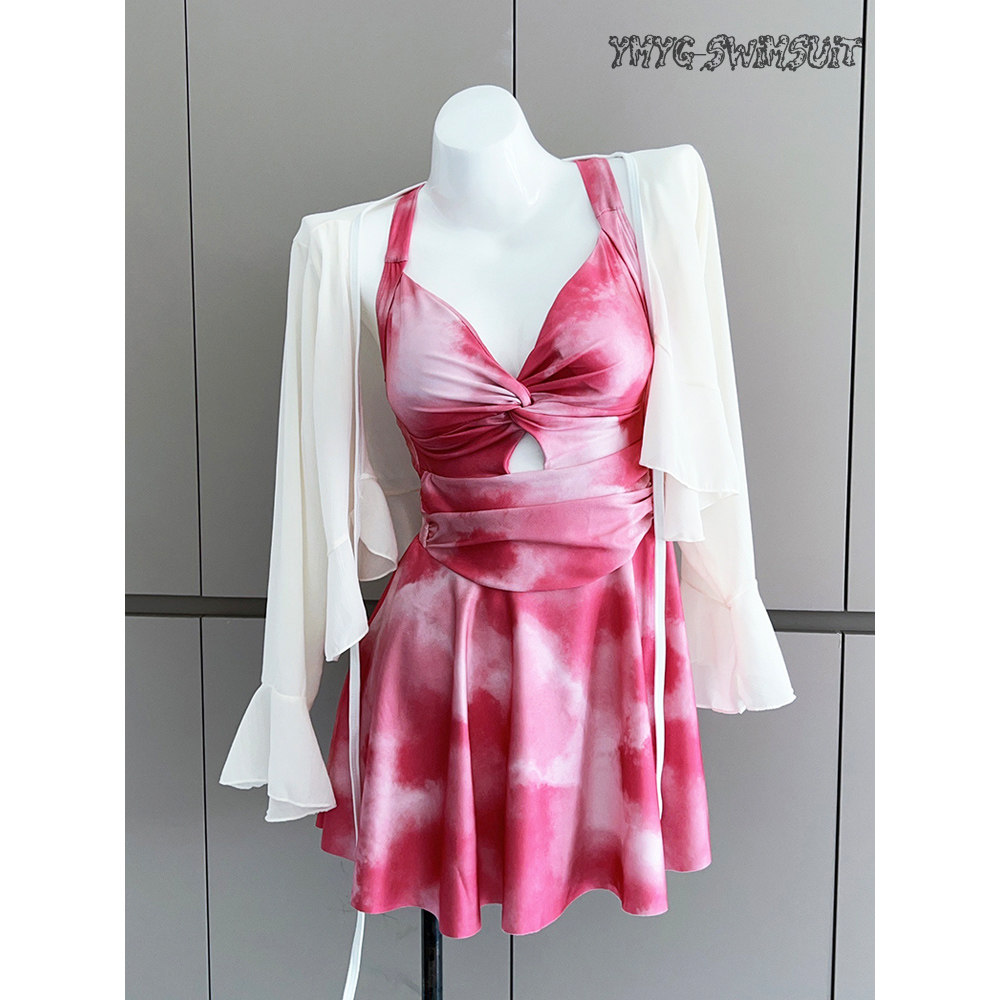 一米阳光绝美泳衣女分体裙式平角裤罩衫三件套保守遮肉显瘦泡温泉