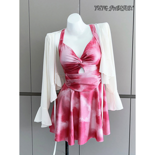 一米阳光绝美泳衣女分体裙式平角裤罩衫三件套保守遮肉显瘦泡温泉