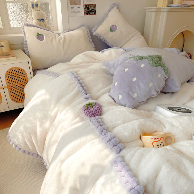 少女心草莓刺绣秋冬季兔毛绒四件套加厚保暖牛奶绒被套床上用品