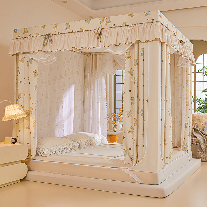 遮光坐床蚊帐床帘全包一体式家用卧室儿童防摔婴儿防掉床支架纹帐