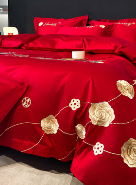 全棉红色婚庆四件套结婚床上用品180支大红床单喜被新婚纯棉婚嫁4