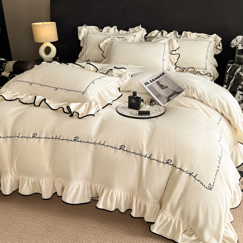 轻奢荷叶边婴儿级牛奶绒四件套珊瑚绒床笠款1.8冬季加厚床上用品