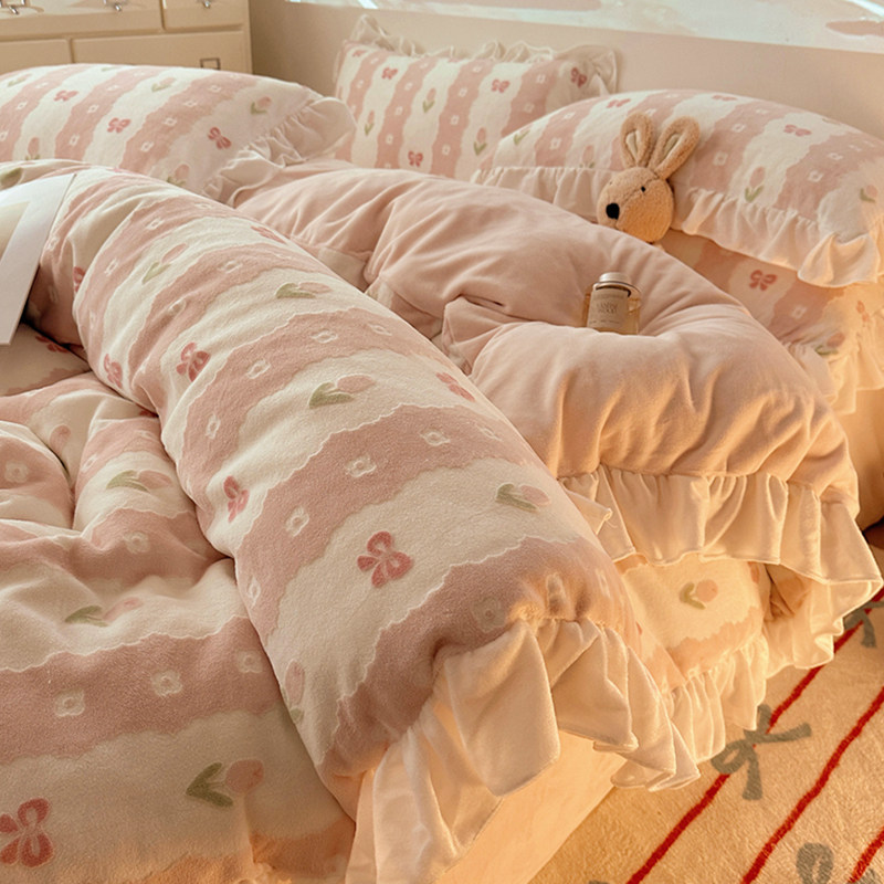 冬天牛奶绒床上四件套加厚保暖珊瑚绒被套单人三件套法兰绒床单款