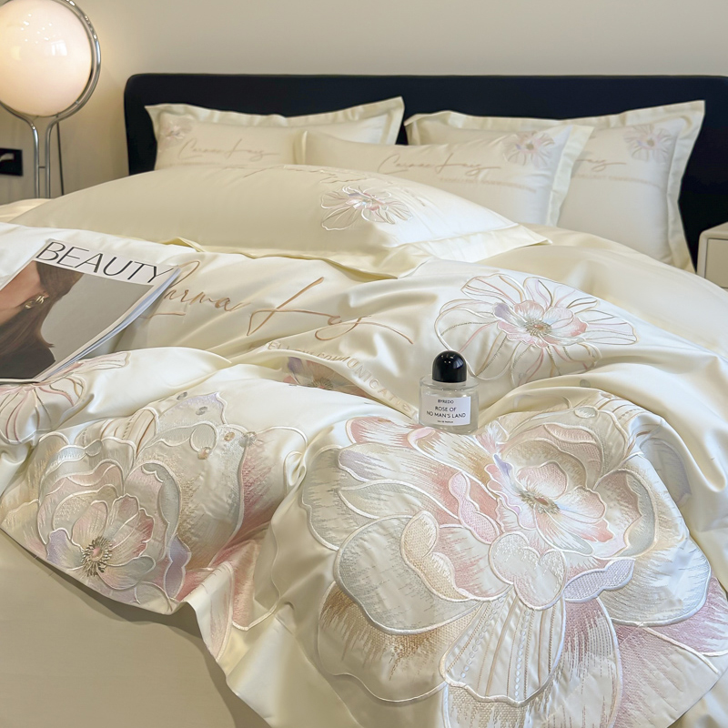 轻奢高级感新疆棉四件套全棉纯棉亲肤花卉刺绣新南通家纺床上用品