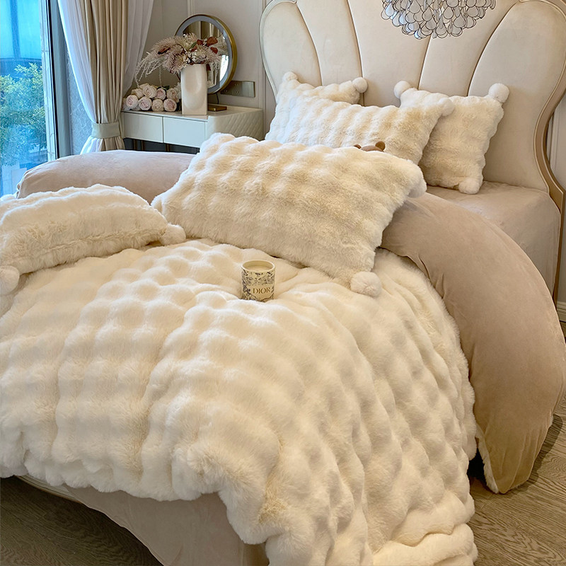 少女心毛球大泡泡长毛绒兔兔绒保暖牛奶绒冬季四件套珊瑚绒双面绒