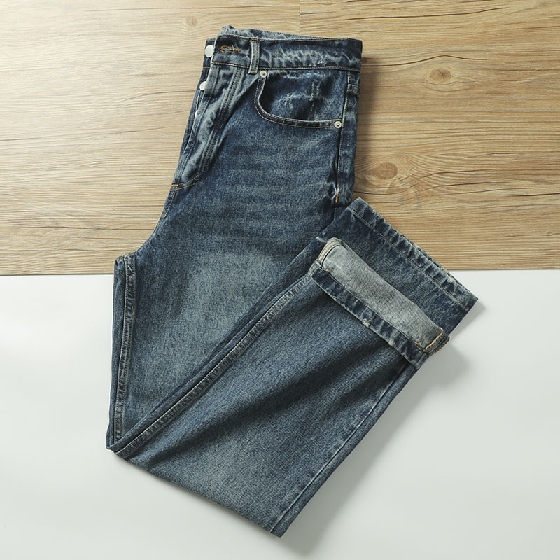 西班牙外贸 全棉雪花水洗磨白春秋男士时尚休闲宽松直筒牛仔裤潮