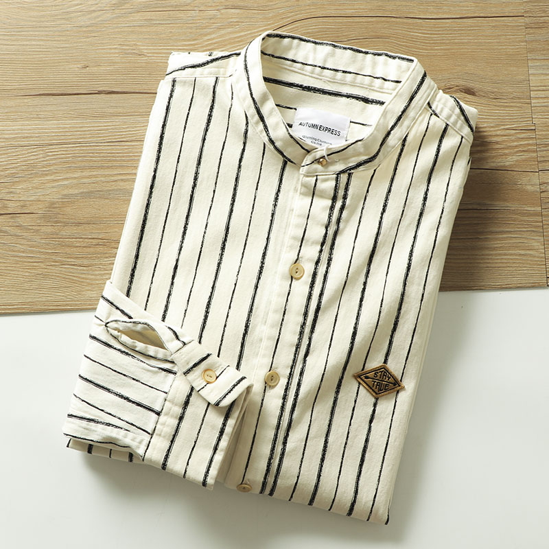 设计师款！有腔调！复古水洗竖纹！新款男士休闲条纹衬衫长袖衬衣