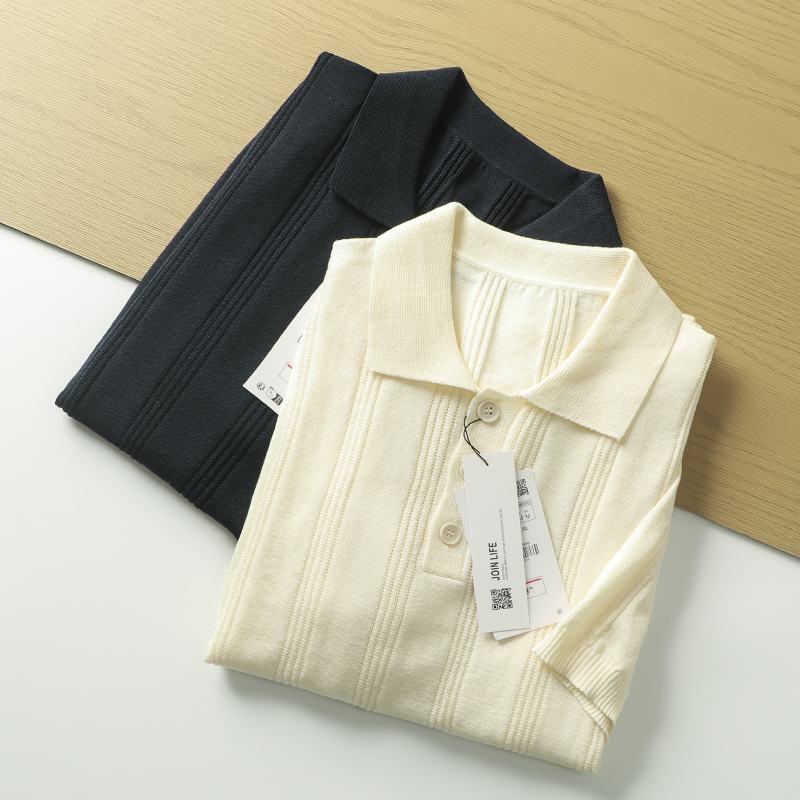 春夏短袖坑竖条翻领针织POLO衫