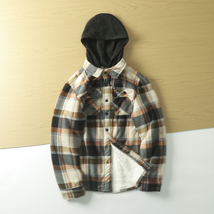 北美小众时尚 加绒外套外贸尾货秋男磨毛格子假两件连帽上衣潮 衬衫