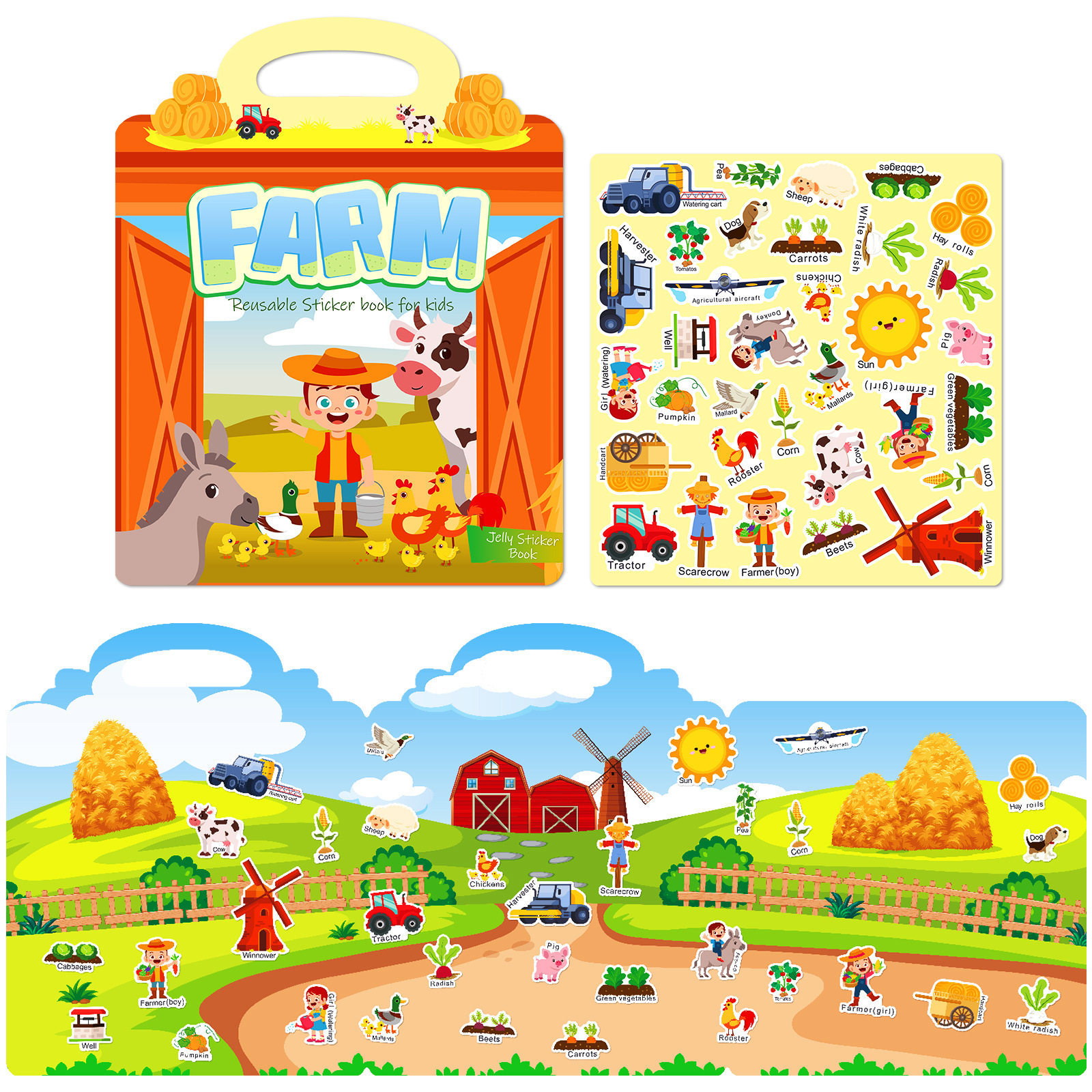外贸出口农场英语启蒙果冻贴纸反复粘贴儿童益智专注力安静玩具书